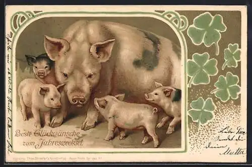 Präge-AK Schwein mit Jungen, Rahmen mit Klee