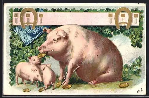 AK Schwein mit Ferkeln, Hufeisen, Kleeblatt