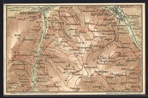 Künstler-AK Kitzbühel, Landkarte mit Kirchberg, Ehrenbachhöhe und Högl