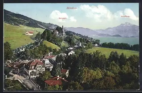 AK Mondsee, Teilansicht mit Mariahilf und Schafberg