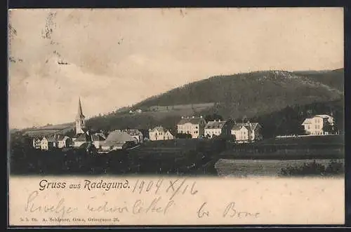 AK Radegund am Schröckl, Ortschaft mit Kirche aus der Ferne gesehen