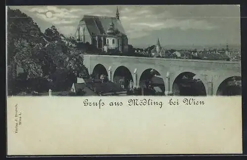 Mondschein-AK Mödling bei Wien, Teilansicht mit Kirche