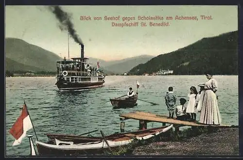 AK Achenkirch /Achensee, Seehof, Dampfer St. Benedikt, Blick nach Scholastika