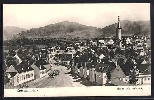 Künstler-AK Zeiselmauer, Teilansicht mit Kirche und Strassenpartie