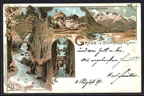 Lithographie Kaprun, Sigm. Thun-Klamm, Wasserfallboden, Schluchtansicht, Teilansicht mit Kirche