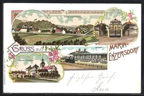 Lithographie Maria-Enzersdorf, Bahnhof, Kirche mit Kloster, Schloss Hunyadi