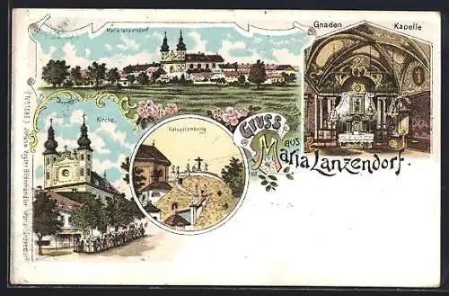 Lithographie Maria Lanzendorf, Gnaden-Kapelle, Kalvarienberg, Kirche