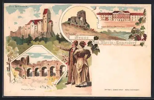 Lithographie Maria Enzersdorf, Burg Liechtenstein, Teufels-Höhe, neues Schloss Liechtenstein, Amphietheater