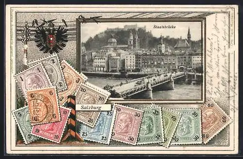 Präge-AK Salzburg, Staatsbrücke, Telegraphenmast mit Wappen und Briefmarken, Passepartout