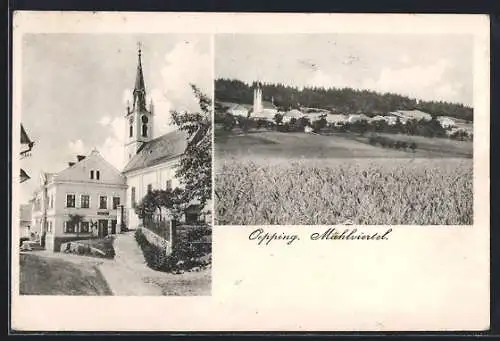 AK Oepping, Geschäft und Kirche im Mühlviertel, Teilansicht