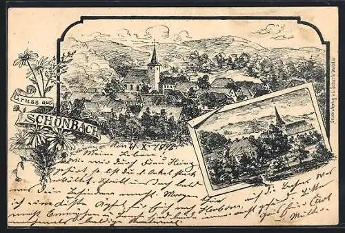 AK Schönbach / Dillkreis, Panorama mit Kirche und Teilansicht