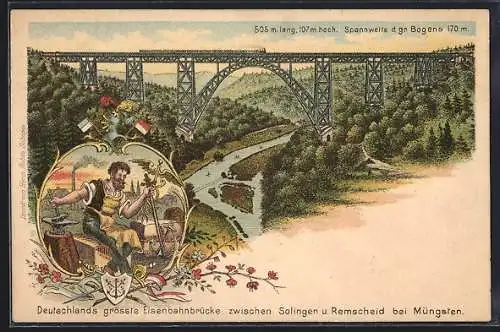 Lithographie Müngsten, Eisenbahnbrücke zwischen Solingen und Remscheid, Schmied mit Amboss