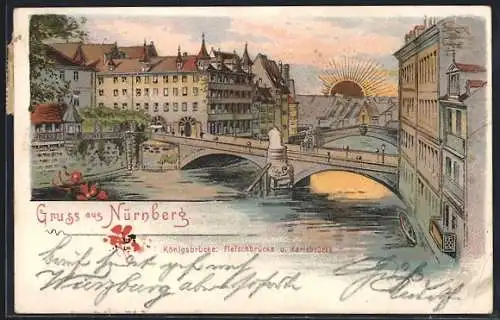 Lithographie Nürnberg, Königsbrücke, Fleischbrücke und Karlsbrücke