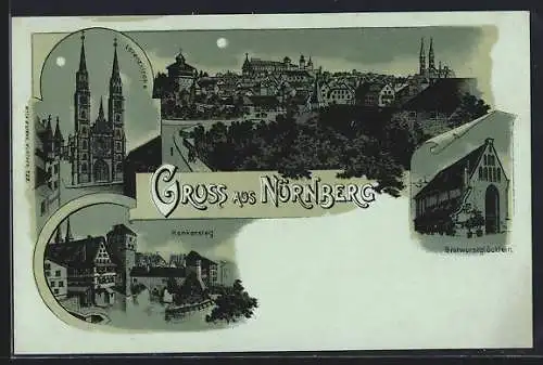 Mondschein-Lithographie Nürnberg, Henkersteg, Lorenzkirche und Bratwurstglöcklein