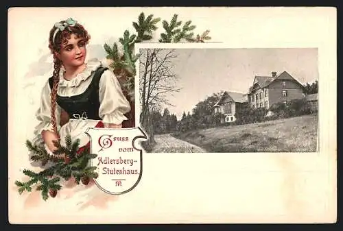 Passepartout-Lithographie Vesser, Adlersberg-Stutenhaus, Mädchen in Tracht