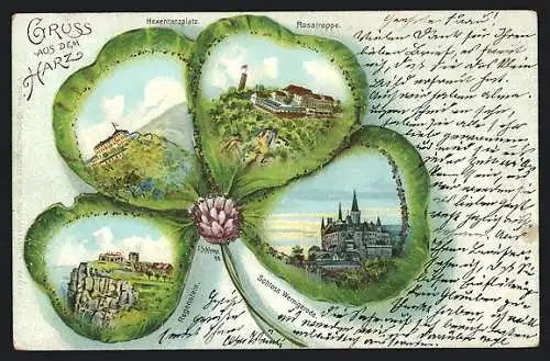 Passepartout-Lithographie Wernigerode, Gruss aus dem Harz, Schloss Wernigerode, Hexentanzplatz, Rosstrappe, Kleeblatt