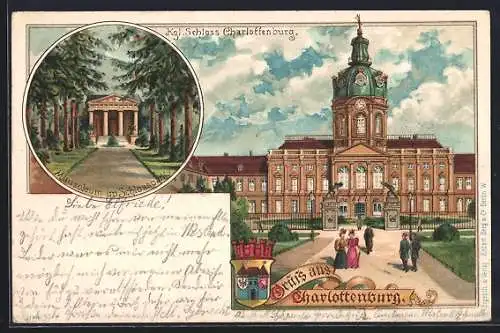 Lithographie Berlin-Charlottenburg, Mausoleum im Schlosspark, Kgl. Schloss Charlottenburg