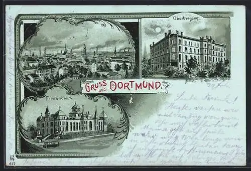 Mondschein-Lithographie Dortmund, Oberbergamt, Fredenbaum und Totalansicht