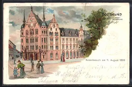 Lithographie Dortmund, Verwaltungsgebäude mit Fussgängern