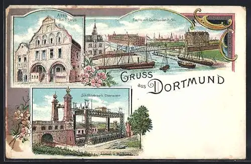 Lithographie Dortmund, Altes Rathaus, Partie vom Dortmunder Hafen, Schiffshebewerk Oberwiese