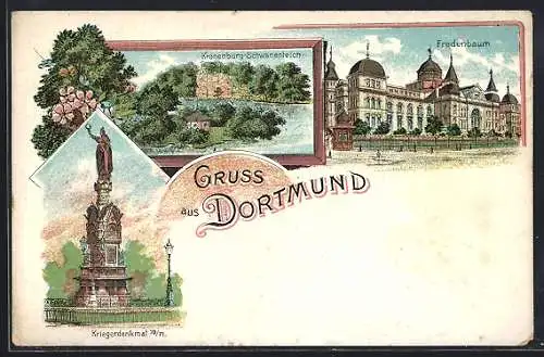 Lithographie Dortmund, Kronenburg-Schwanenteich, Fredenbaum und Kriegerdenkmal