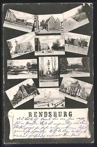 AK Rendsburg, Denkmal, Passagierschiff, Strassenpartien und Flusspartie