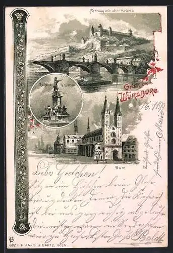 Lithographie Würzburg, Festung mit alter Brücke, Dom, Luitpoldbrunnen