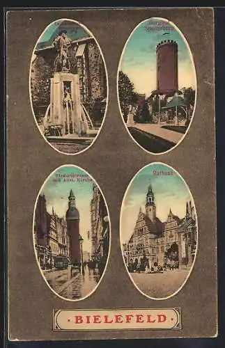 AK Bielefeld, Burghof Sparenburg, Leineweber-Brunnen, Rathaus und Niedernstrasse