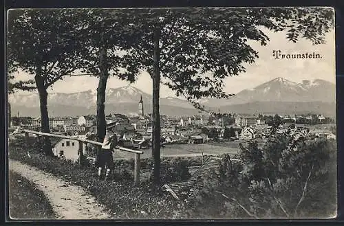 AK Traunstein, Romantische Ortsansicht vom Wanderweg aus