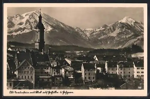 AK Traunstein, Ortsansicht mit Blick auf den Hochfelln