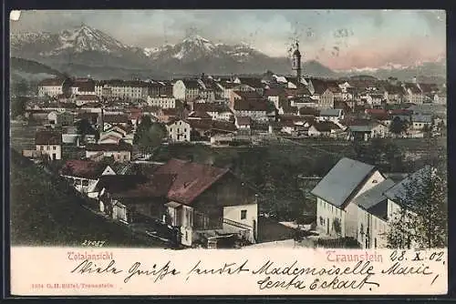 AK Traunstein, Panorama mit Kirchturm und Alpen