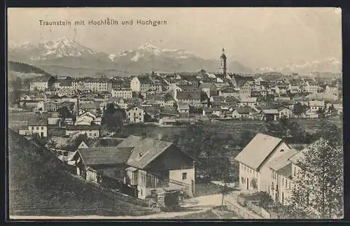 AK Traunstein, Stadtansicht mit Blick zum Hochfelln und Hochgern