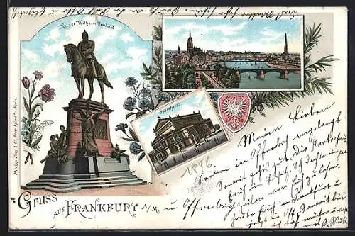 Lithographie Frankfurt /Main, Ortsansicht, Kaiser Wilhelm Denkmal, Opernhaus, Wappen