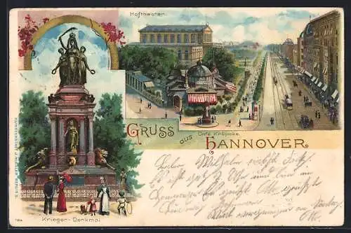 Lithographie Hannover, Kriegerdenkmal, Cafe Kröpcke mit Blick auf das Hoftheater