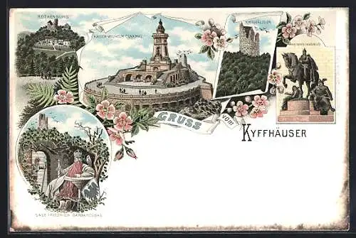 Lithographie Kyffhäuser, Rothenburg, Kaiser-Wilhelm-Denkmal, Reiterstandbild