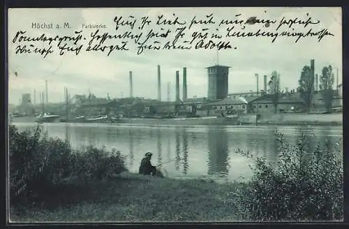 AK Frankfurt-Höchst, Blick über den Rhein auf die Farbwerke