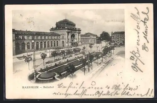 AK Mannheim, Fernsicht des Bahnhofs, Strassenbahn