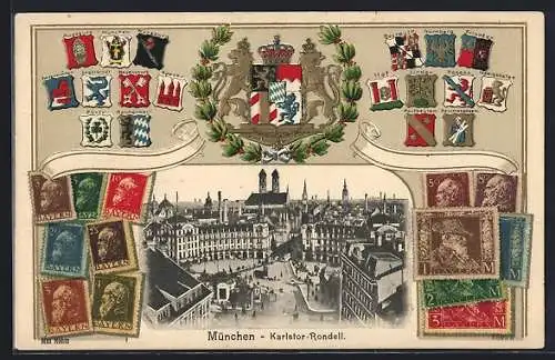 AK München, Karlstor-Rondell mit Briefmarken und Wappen