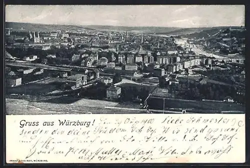 AK Würzburg, Panorama von Würzburg mit Bahnhof