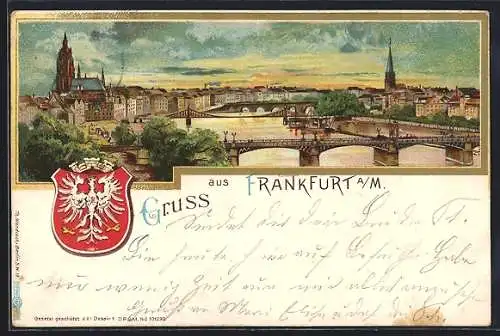 Lithographie Frankfurt, Panorama mit Brücken