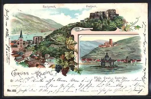 Lithographie Kaub, Stahleck, Bacharach, Caub und Gutenfels