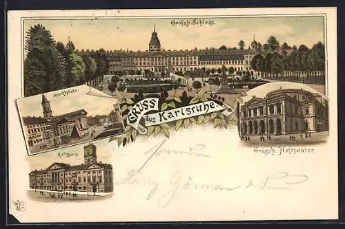 Lithographie Karlsruhe, Marktplatz, Rathaus, Grossh. Schloss