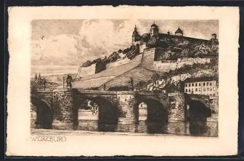 AK Würzburg, Flusspartie mit Brücke und Blick zum Schloss