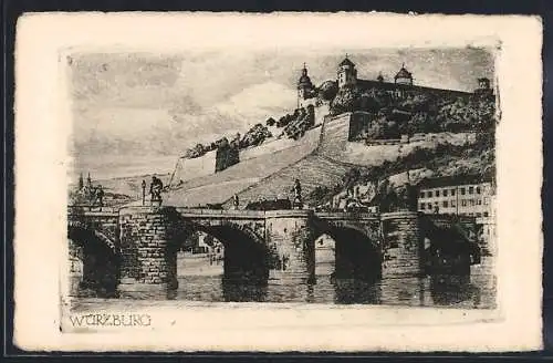 AK Würzburg, Flusspartie mit Brücke und Blick zum Schloss