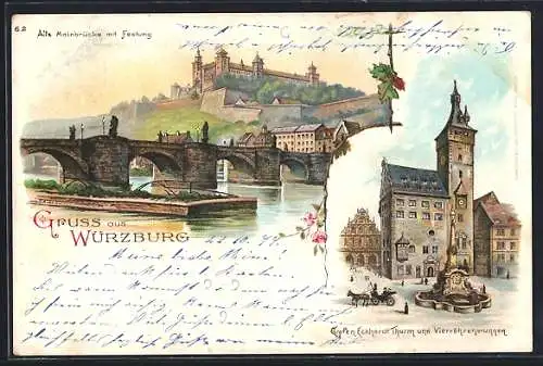 Lithographie Würzburg, Alte Mainbrücke mit Festung, Grafen Eckhardt-Turm und Vierrührenbrunnen