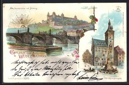 Lithographie Würzburg, Alte Mainbrücke mit Festung, Grafen Eckhardt-Turm und Vierrührenbrunnen