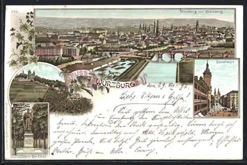 Lithographie Würzburg, Blick v. Steinberg auf den Ort, Domstrasse, Julius Echter-Denkmal, Käppele