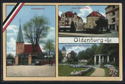 AK Oldenburg /Gr., Kirche und Kirchhofslinde, Julius-Mosen-Platz, Cäcilien-Platz mit Brunnen