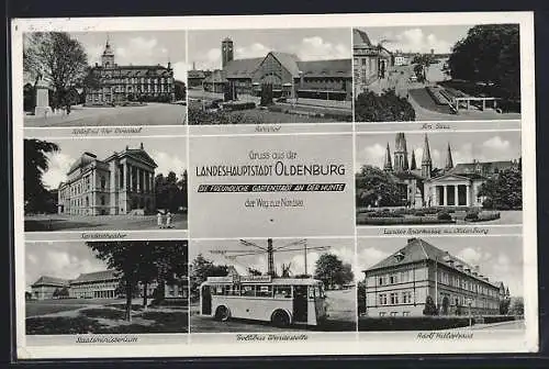 AK Oldenburg / O., Trollibus Wendestelle, Bahnhof, Staats-Theater, Haus