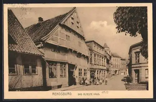 AK Rendsburg, Strassenpartie mit dem ältesten Haus und Geschäften